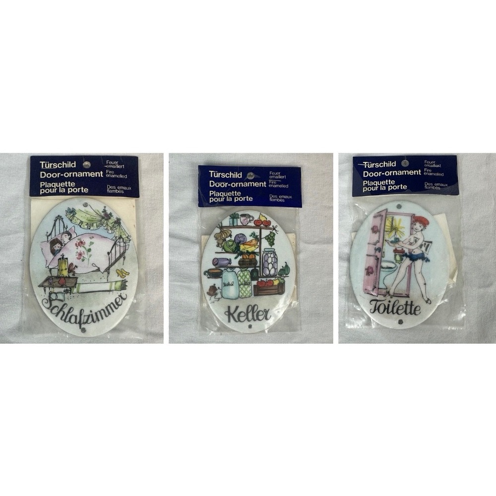 Austrian Enamel Door Signs Set of 3 Bedroom Toilet Cellar Retro Decor VTG